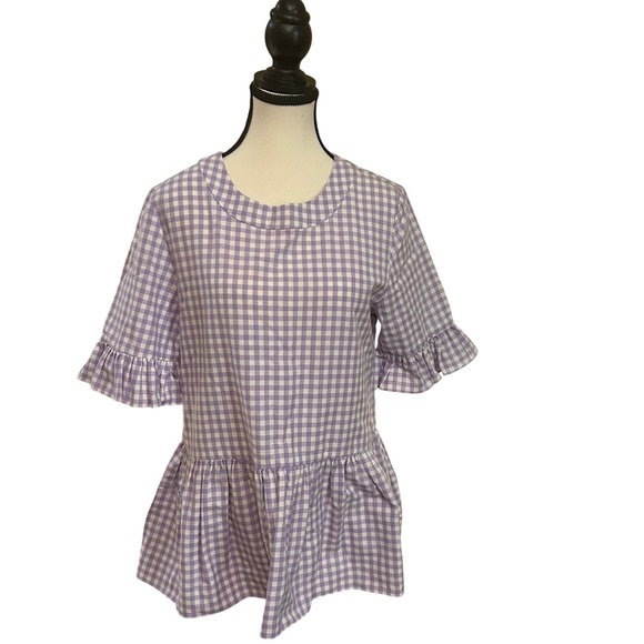 Gingham Ruffle Sleeve Peplum Top Cute Summer Blouse Short Sleeve Medium - Picture 1 of 6